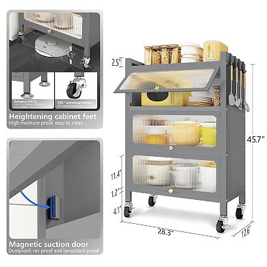 3 Door Accent Cabinet, 4 Tier Kitchen Organizer Shelf, Grey