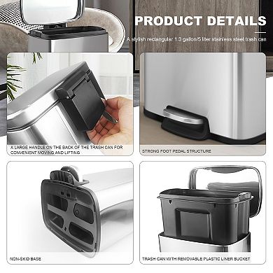 1.3 Gal./5 Liter Rectangular Stainless Steel Step-on Trash Can for Bathroom and Office