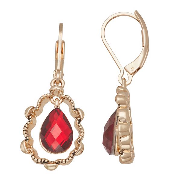 Napier Gold Tone Red Teardrop Earrings 