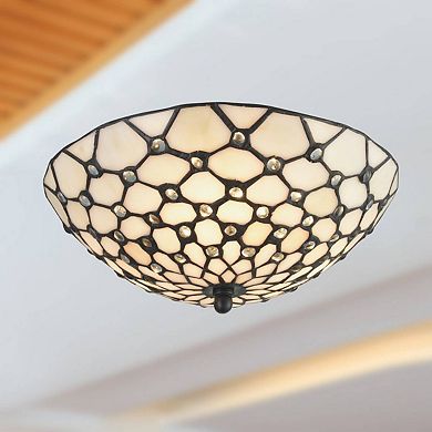 Tiffany Stained Glass Semi Flush Ceiling Light Antique Brass Shade