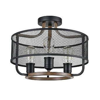 Black Metal Mesh Ceiling Light Semi Flush Mount Wood Finish
