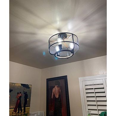 Black Metal Mesh Ceiling Light Semi Flush Mount Wood Finish