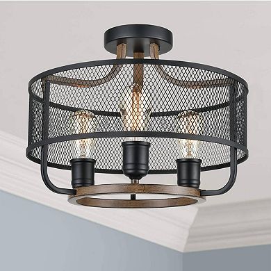 Black Metal Mesh Ceiling Light Semi Flush Mount Wood Finish