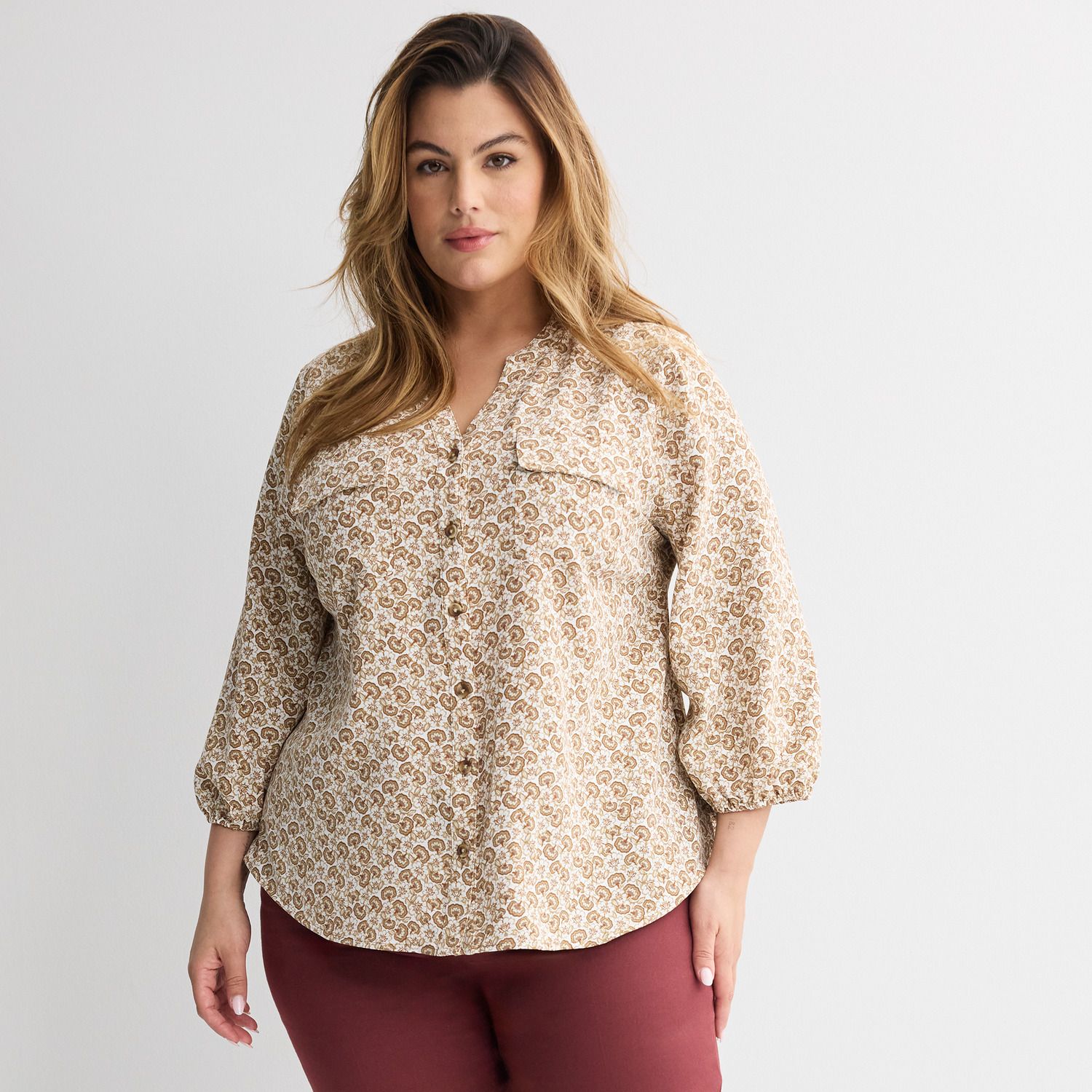 Женские блузки Plus Size Croft & Barrow® Y-Neck, цвет: Бежевый с принтом