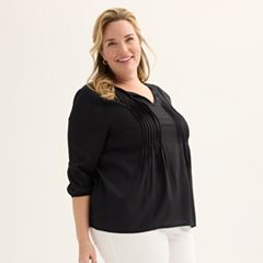 Casual Solid Notched Tunic 3/4 Sleeve Hot Pink Plus Size Blouses