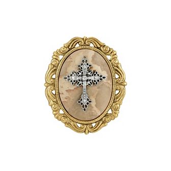 Symbols Of Faith Gold Tone Crystal Cameo Cross Brooch
