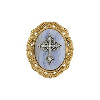 Symbols Of Faith Gold Tone Crystal Cameo Cross Brooch