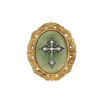 Symbols Of Faith Gold Tone Crystal Cameo Cross Brooch