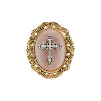 Symbols Of Faith Gold Tone Crystal Cameo Cross Brooch