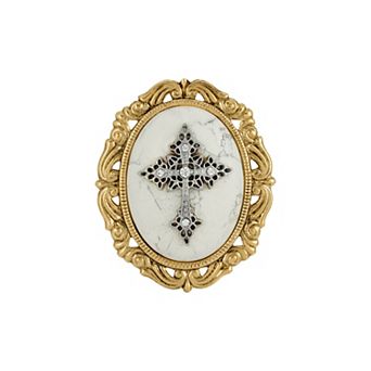 Symbols Of Faith Gold Tone Crystal Cameo Cross Brooch
