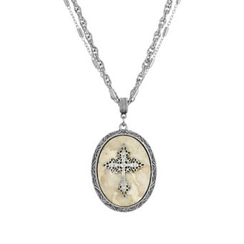 Symbols Of Faith Silver Tone Crystal Cross Cameo Double-Strand Pendant Necklace