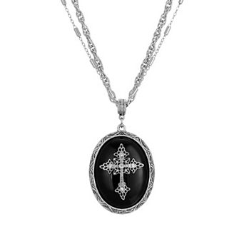 Symbols Of Faith Silver Tone Crystal Cross Cameo Double-Strand Pendant Necklace