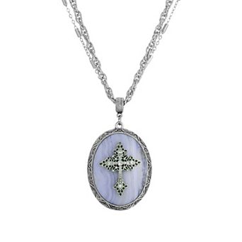 Symbols Of Faith Silver Tone Crystal Cross Cameo Double-Strand Pendant Necklace