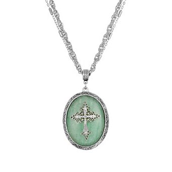 Symbols Of Faith Silver Tone Crystal Cross Cameo Double-Strand Pendant Necklace