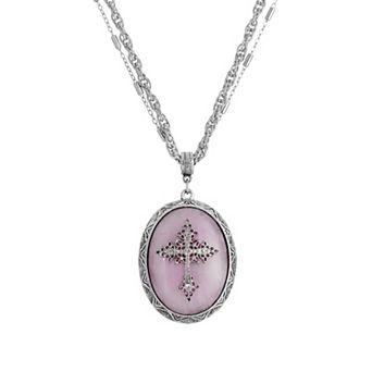 Symbols Of Faith Silver Tone Crystal Cross Cameo Double-Strand Pendant Necklace