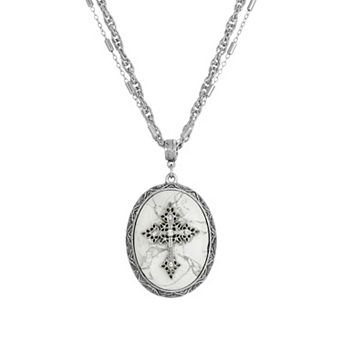 Symbols Of Faith Silver Tone Crystal Cross Cameo Double-Strand Pendant Necklace