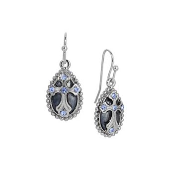 Symbols of Faith Silver Tone Blue Crystal & Enamel Cross Drop Earrings