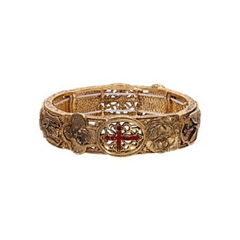 Symbols Of Faith Gold Tone Red Crystal Cross Stretch Bracelet