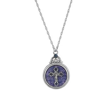 Symbols Of Faith Silver Tone Blue Sodalite Medallion Cross Pendant Necklace 28"
