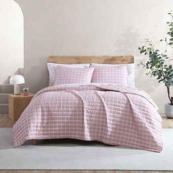 City Scene Woven Grid Pink Quilt Set with Shams
