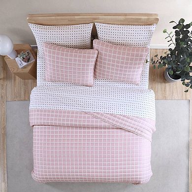 City Scene Woven Grid Pink Quilt Set