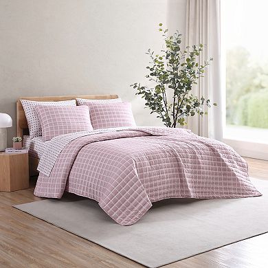 City Scene Woven Grid Pink Quilt Set