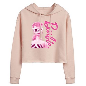 Juniors' Barbie Pink Doll Closeup Cropped Graphic Hoodie