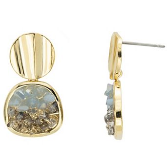 Brilliance Gold Tone Druzy Blue Crystal Round Drop Earrings