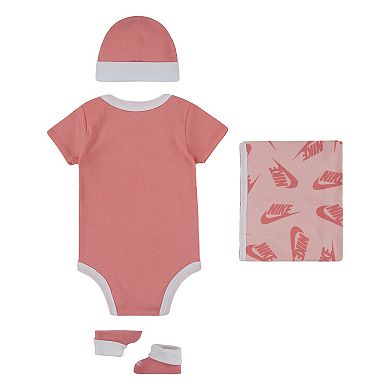 Newborn Baby Nike Futura Bodysuit Beanie Booties Blanket 4-Piece Set