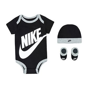 Newborn Baby Nike Futura 3 pc Bodysuit Beanie Booties Boxed Set
