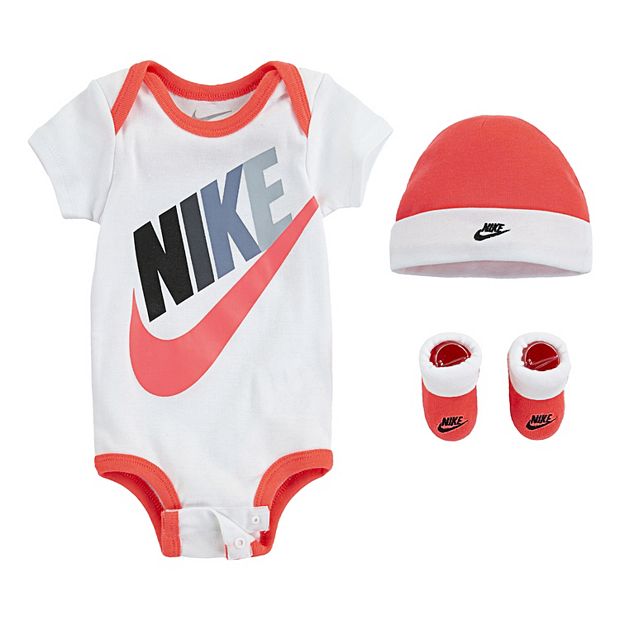 Newborn Baby Nike Futura 3-Piece Bodysuit Beanie Booties Boxed Set