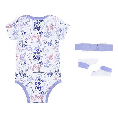 Newborn Baby Girls Nike Printed 3-Piece Bodysuit Headband Booties Boxed Set