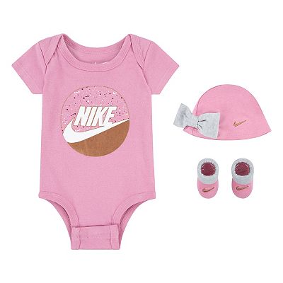 Newborn Baby Girls Nike Logo 3 Piece Bodysuit Hat Booties Boxed Set