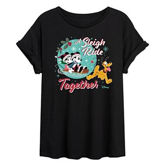 Disney's Mickey & Minnie Mouse & Pluto Juniors' Sleigh Ride Together Oversized Tee