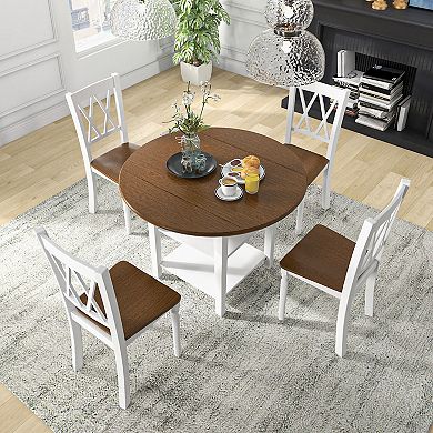 5 Piece Round Kitchen Dining Set with Drop Leaf Table Top