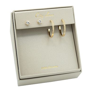 City Luxe Cubic Zirconia & Crystal Stud & Hoop Earrings Duo Set