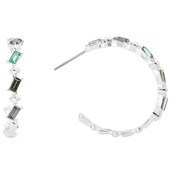 City Luxe Silver Tone Green Crystal Baguette C-Hoop Earrings