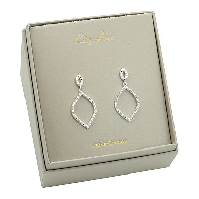 City Luxe Silver Tone Cubic Zirconia Textured Open Double Drop Earrings