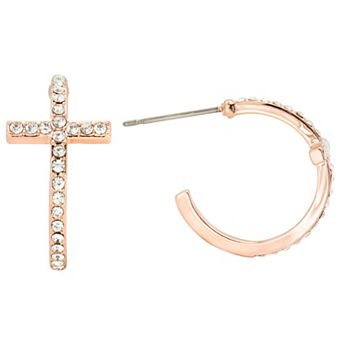 City Luxe Rose Gold Tone Crystal Cross C-Hoop Earrings