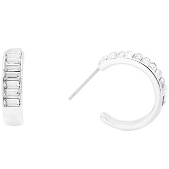 City Luxe Silver Tone Crystal Baguettes C-Hoop Earrings