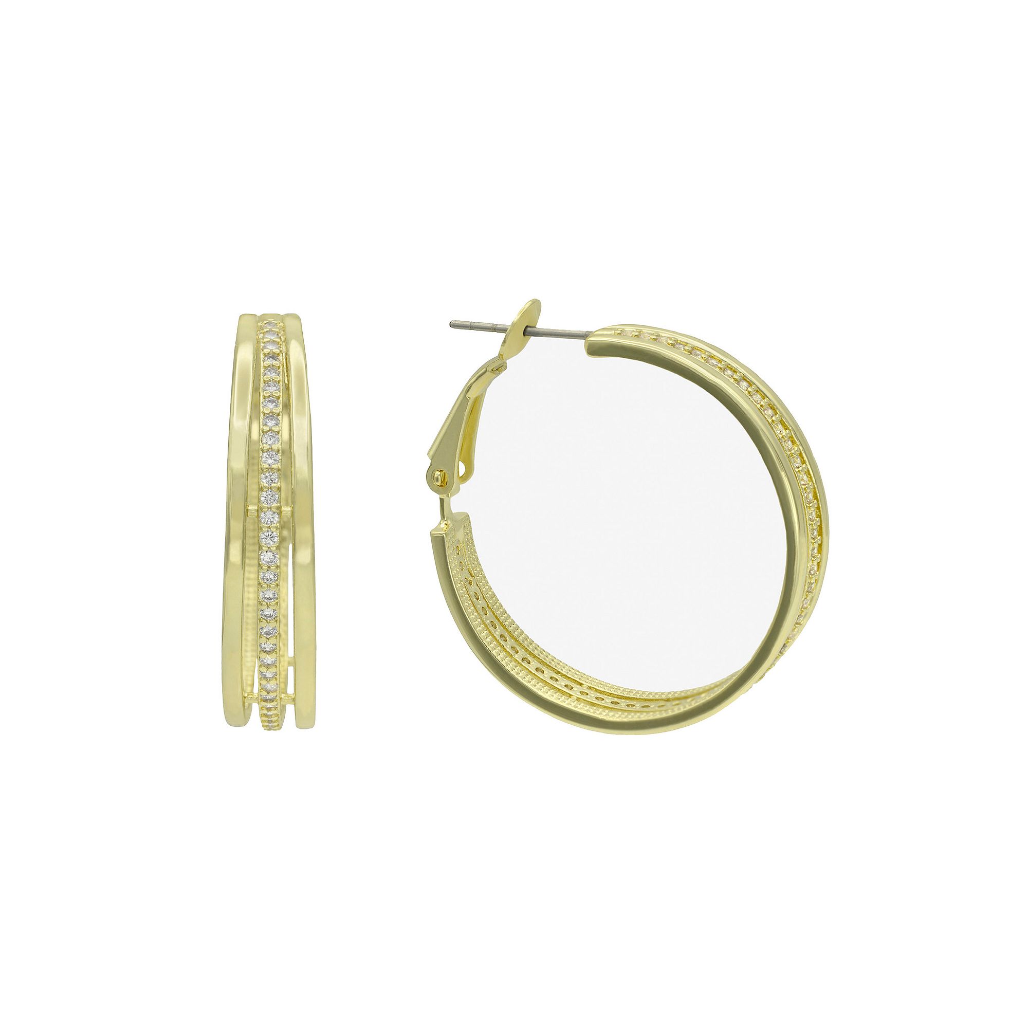 City Luxe Gold Tone Cubic Zirconia Triple-Row Hoop Earrings, Womens, Gold 