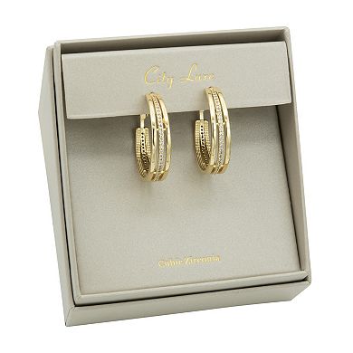 City Luxe Gold Tone Cubic Zirconia Triple-Row Hoop Earrings
