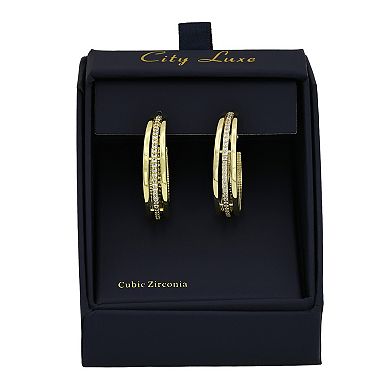 City Luxe Gold Tone Cubic Zirconia Triple-Row Hoop Earrings