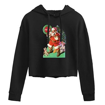 Juniors' Coca-Cola Vintage Santa With Dog Cropped Hoodie