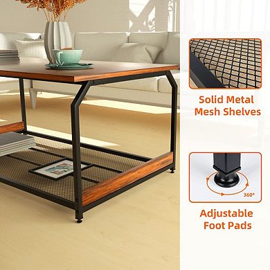42 inch Brown Wood Coffee Table with Large Iron Storage Shelf