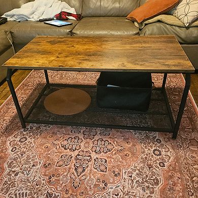 42 inch Brown Wood Coffee Table with Large Iron Storage Shelf