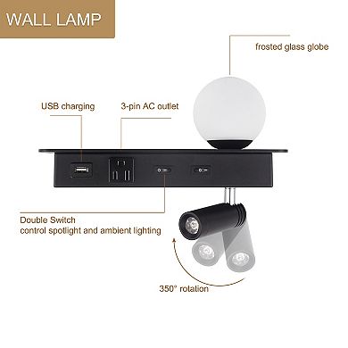 Black LED Wall lamp Bedside Reading Light with USB Port 2-Light Wall Sconce