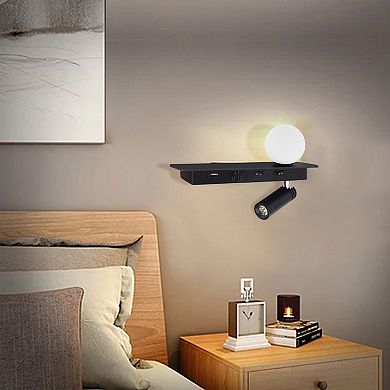 Black LED Wall lamp Bedside Reading Light with USB Port 2-Light Wall Sconce