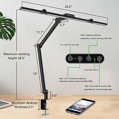 24W LED Desk Lamp with Clamp Auto Stepless Dimming