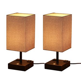 15 in Black Desk lamp with Charging outlet and USB port Fabric Shade(set of 2)